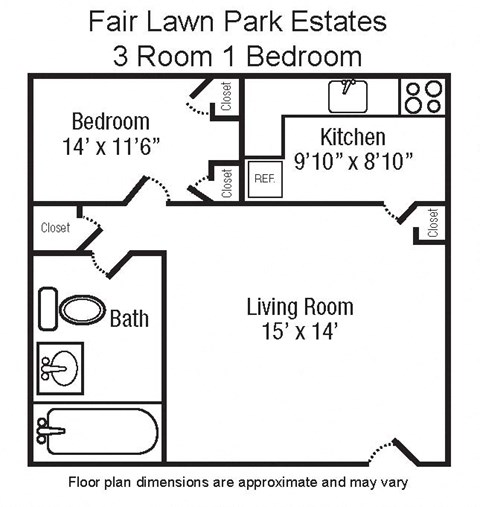 Floor plan for 1 bed, 1 bath